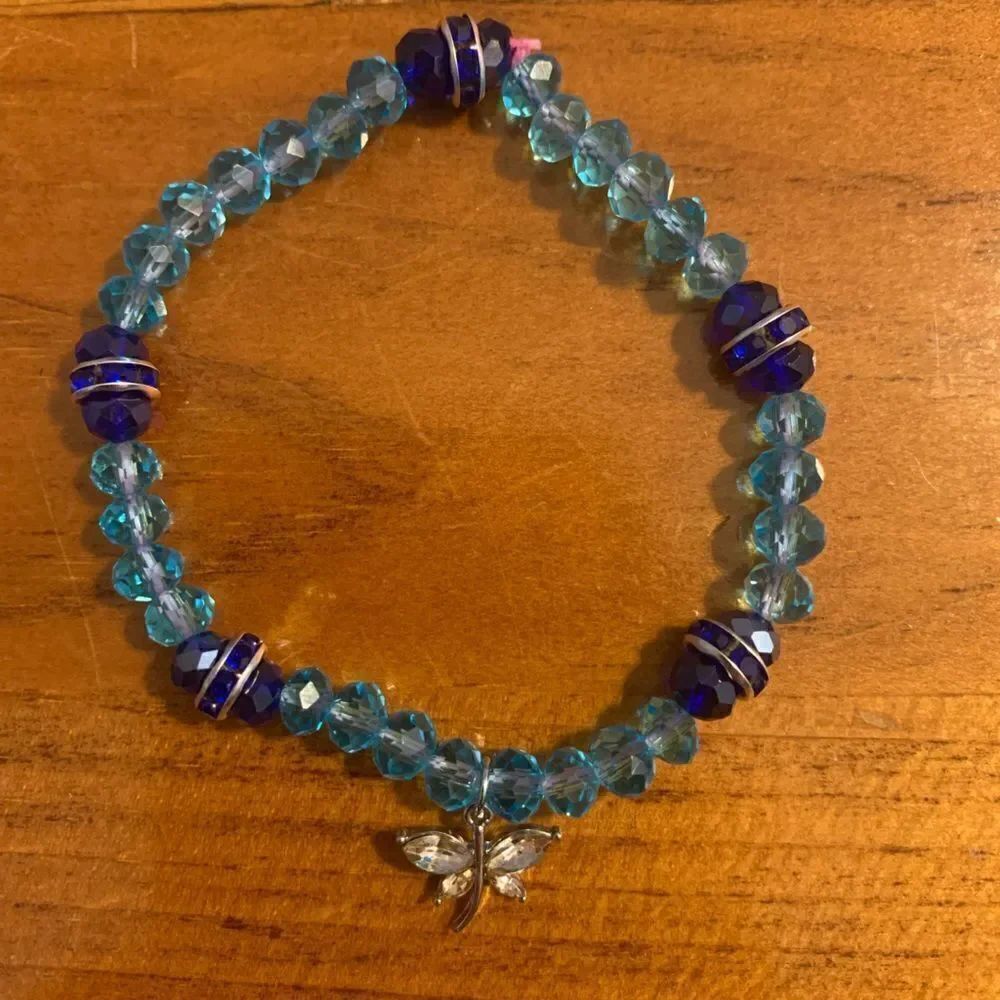 Handmade blue beaded stretch bracelet butterfly charm